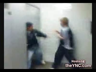 Little Kid beats on a Fat Kid Twice his Size in the School Bathroom