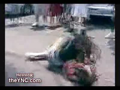 Girl gets Pile Drived so Hard into the Pavement she loses her Hair Weave
