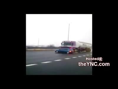 Trailer Truck Going 60mph Takes Small Compact Car on a Ride