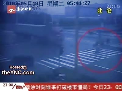 Chinese Bicyclist Killed by Industrial Truck (Slow Motion Added, Some Aftermath)