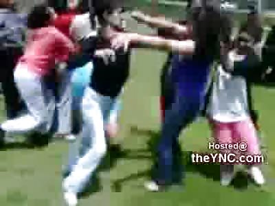 Two Girls walk Up to Gang of Females and get POUNDED from All Angles