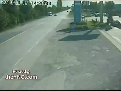 Racing Motorcyclists Killed by Car turning into Gas Station (Biker Thrown 150 Feet)