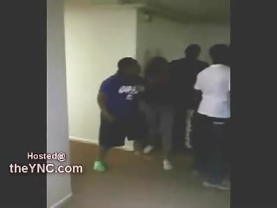 Girl in Gray Swestpants gets Smacked by Guy in WHite T-Shirt in School Fight