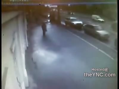 Casual Russian Pedestrian Killed by Flying Car Missile (Watch Slow Motion)