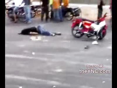 Bodies on the Road Including Pretty Hot Chick after Motorcycles Collide 
