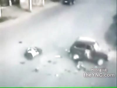 Speeding Bullet Motorcyclist almost Tips Car in Violent Collision (Fatal)