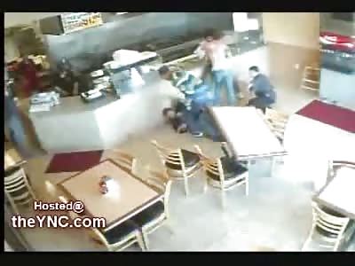 CRAZY Fight tears up a Restaurant, One Kid gets KO'd and cant get Back Up