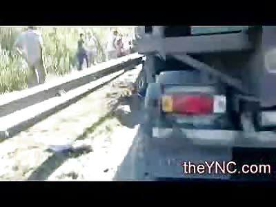 You think they're Dead? Unbelievable Crushed Car against Guardrail by Tractor Trailer