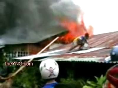 Man Falls through Roof trying to Put out a Roof, Roof, Roof is on FIRE!!