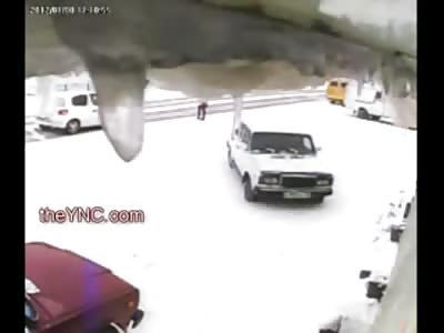 Woman Crossing an Icy Road gets a Ride into a Parked Van