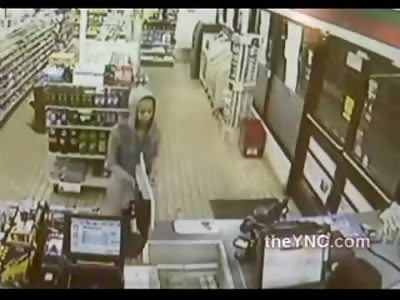 Pretty Girl in Hoodie Cashing out When Truck Crashes into Store