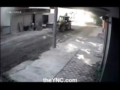Walking Man is Run Over and Crushed to Death by Construction Tractor Digger