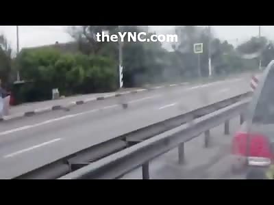 Female Pedestrian Crossing the Street is Annihilated by a Huge Truck