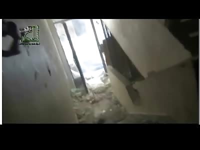 SAA Solider Walks Right in front of Door Where FSA Rebel is Waiting to Kill him with a Machine Gun
