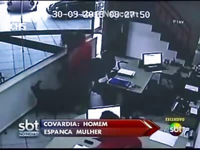 Maniac Beats his Wife while she is at Work as he Co-Worker Watches the whole thing and does Nothing