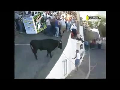 Bull Leaps off Stairs to Attack the Person its' got Eyes on