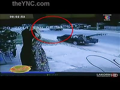 Man Standing by his Car is Hit by a Pick up and then Ran over by a Dumptruck (2 Angles & Zoom)
