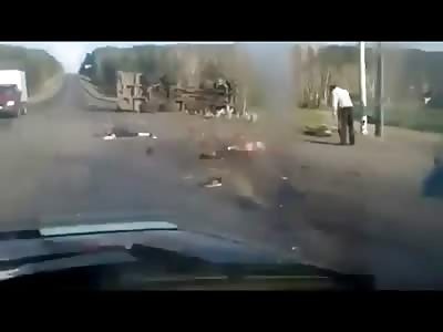 Immediately after a Gruesome Fatal Accident...Drive By of Gory Scene with only One Survivor 