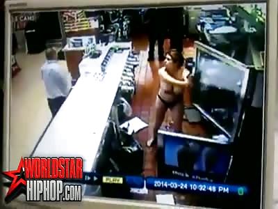 Naked Woman with Huge Tits Goes Berserk in a McDonalds Running Behind the Counter and Smashing Everything