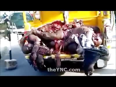 Gruesome Footage of Truck Tailgate Opened Full of Dead Corpses Piled Up on Top of Each Other