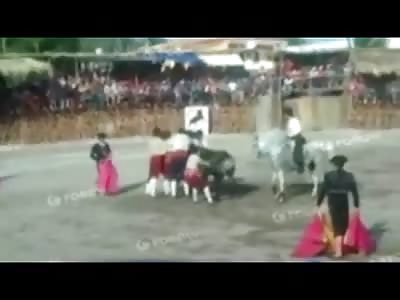 Bull Gets Loose and Decides to Play Human Bowling ... Kills One, Stuck to Horns (2 Angles)