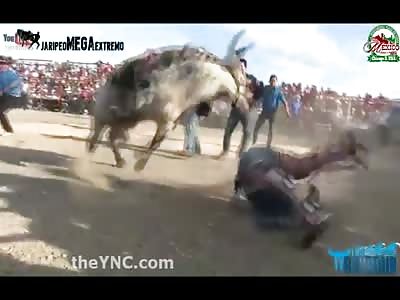 Rider Breaks his Leg at Rodeo then is Dumped on his Head by the Bull 