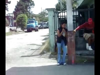 Female Drug Addict Huffing her Chemicals in Front of Small Children at Bus Stop 