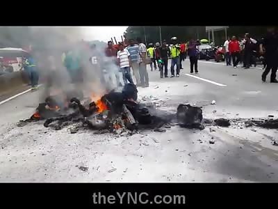 Motorcyclist Burns to a Crisp with his Bike Following Horrible Accident in this HD Video