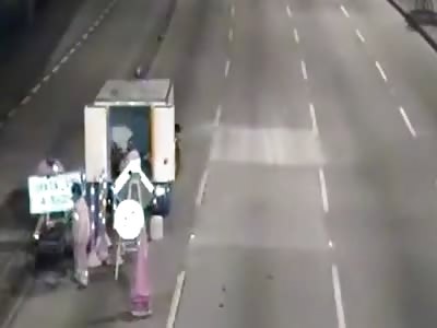   Biker Runs Into The Back Of A Road Crew Truck then Trampled by another Truck