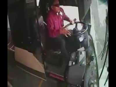 Bus driver faceplants his windsheild.