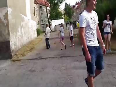 Young bitch and her friends attack old drunkard