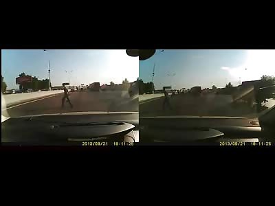 Stupid ass Pedestrian Crossing a Highway is Killed by Motorcycle