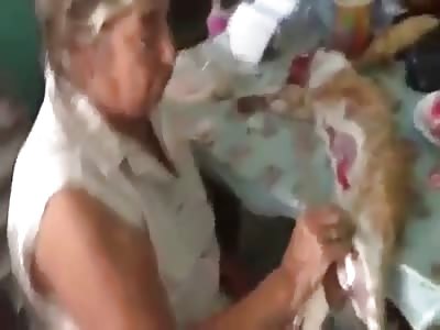 *Brazil* Psycho old lady prepares roadkilled cat for dinner