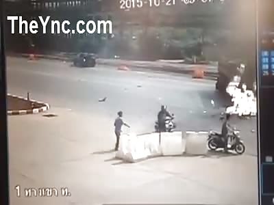 Biker Goes on Fire After Crashing into Truck Trailer. 