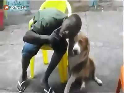 Guy holding a dog by it's neck gets his cheek partially ripped off