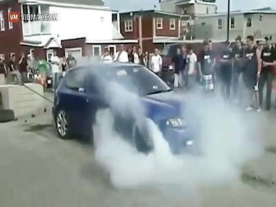 Burnout ends in a car engulfed in flames.